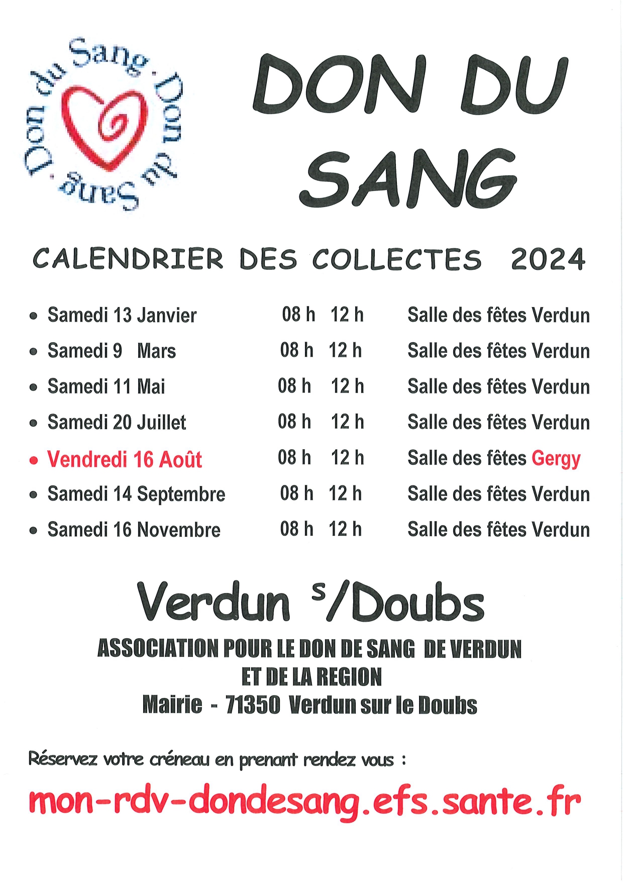 Verdun/Doubs - Don du sang - calendrier 2024
